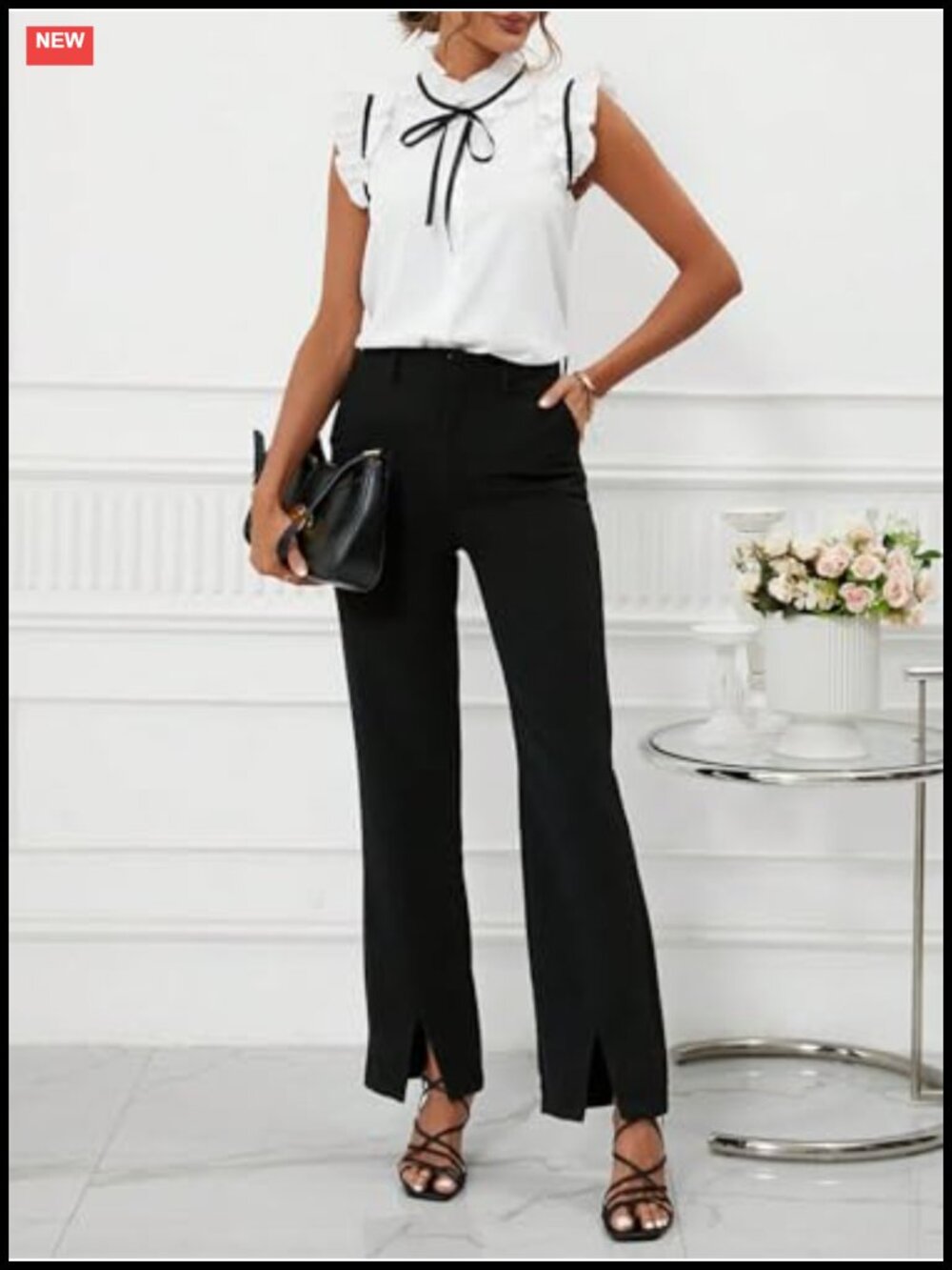 Women's Bow Tie Neck Ruffle Blouse Mock Neck Cap Sleeve Office Business Top - Picture 6 of 6